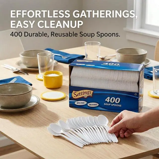 Alt view image 7 of 7 - Plastic Soup Spoons Heavy Duty Disposable White, 400 Count | Deep bowl BPA-free scoop for soups, stews, ramen & cereal; great for parties, weddings, catering & takeout meals