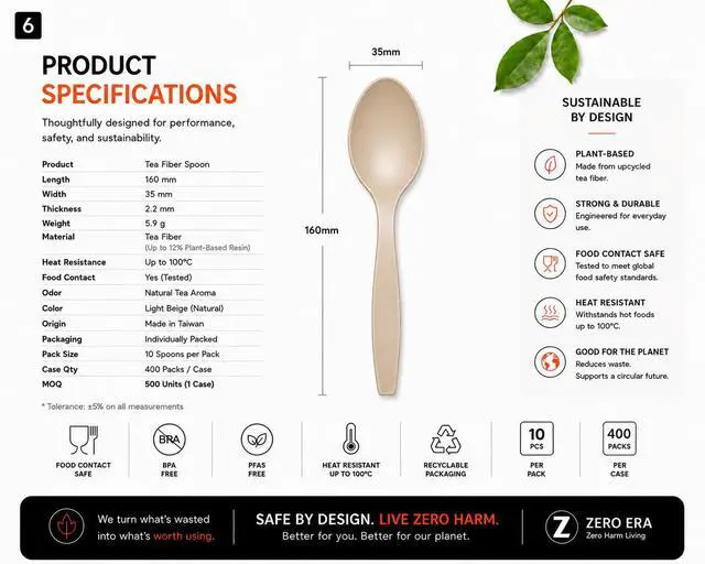 Alt view image 6 of 7 - Compostable & Biodegradable Disposable Spoon, 10 Count | Plastic-Free Plant-Based Tea Fiber Cutlery | Eco-Friendly | No PFAS | No Microplastics | USDA BioPreferred Certified | Made in Taiwan