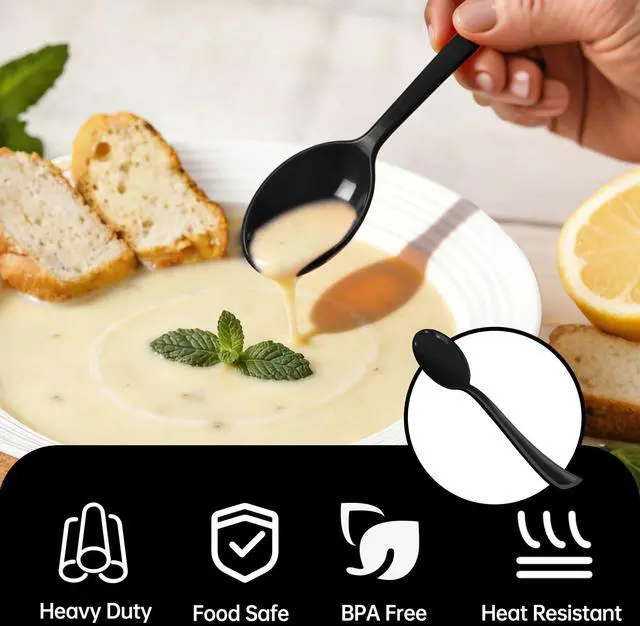 Alt view image 2 of 7 - Black Plastic Spoons Disposable, 50 Count - 6.8 Inch Heavy Duty Disposable Cutlery Utensils BPA-Free Solid for Party, Picnic, Catering, Daily Use & More (Black)