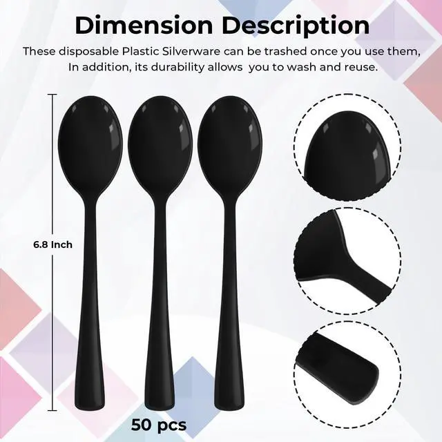 Alt view image 3 of 7 - Black Plastic Spoons Disposable, 50 Count - 6.8 Inch Heavy Duty Disposable Cutlery Utensils BPA-Free Solid for Party, Picnic, Catering, Daily Use & More (Black)