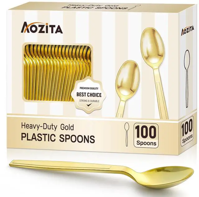 Main image of 100 Gold Disposable Plastic Spoons, Heavy Weight Disposable Spoons Plastic Utensils for Parties, Weddings, Picnics, Big Event, Daily Use - BPA FREE