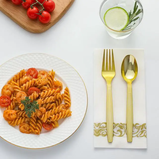 Alt view image 2 of 6 - 100 Gold Disposable Plastic Spoons, Heavy Weight Disposable Spoons Plastic Utensils for Parties, Weddings, Picnics, Big Event, Daily Use - BPA FREE