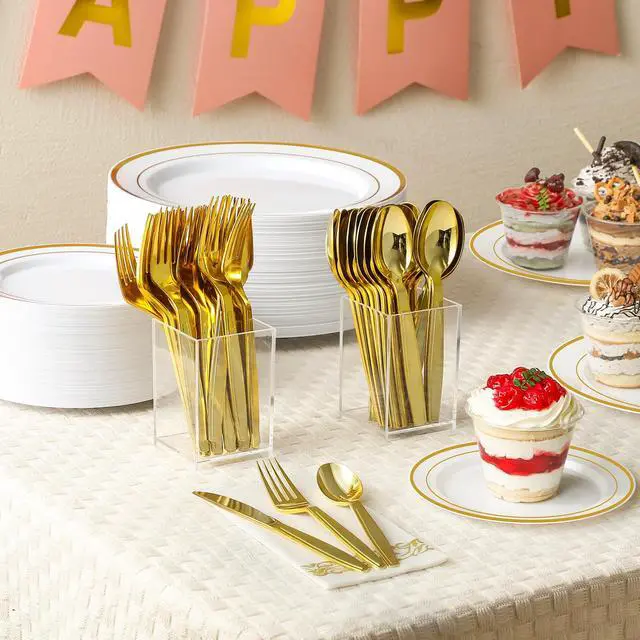 Alt view image 6 of 6 - 100 Gold Disposable Plastic Spoons, Heavy Weight Disposable Spoons Plastic Utensils for Parties, Weddings, Picnics, Big Event, Daily Use - BPA FREE
