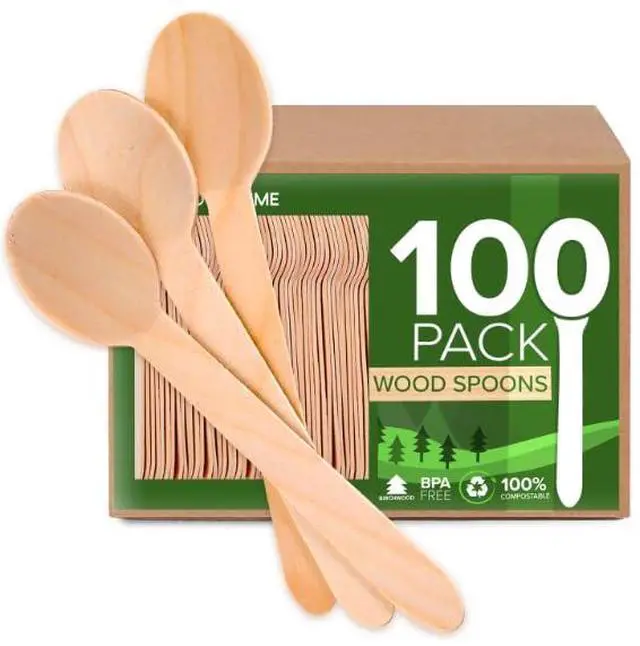 Main image of 100% Wooden Disposable Spoons, (100 Count) Planet Friendly Utensils, Compostable Cutlery Spoons For Parties, Concession stands And Hosting
