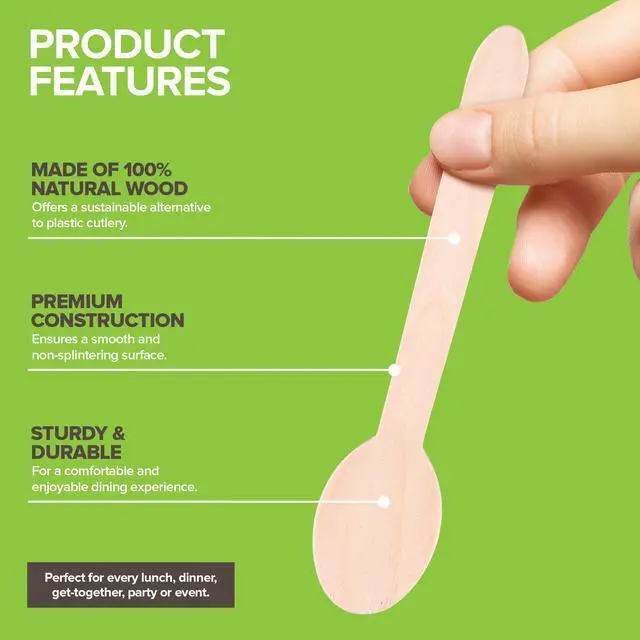 Alt view image 3 of 7 - 100% Wooden Disposable Spoons, (100 Count) Planet Friendly Utensils, Compostable Cutlery Spoons For Parties, Concession stands And Hosting
