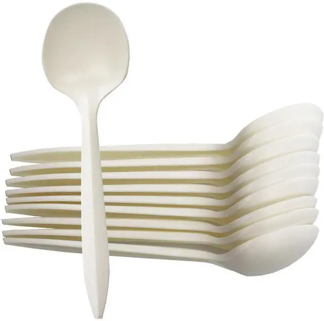 Main image of Eco-Friendly 100 Pack Cornstarch Soup Spoons, Ivory Large Capacity 5.3" Disposable Spoons for Hot Soup Milk Shake Salad etc.
