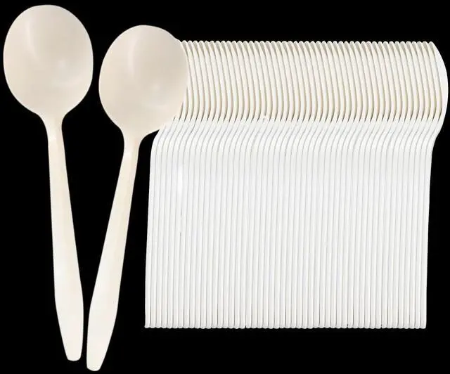 Alt view image 7 of 7 - Eco-Friendly 100 Pack Cornstarch Soup Spoons, Ivory Large Capacity 5.3" Disposable Spoons for Hot Soup Milk Shake Salad etc.