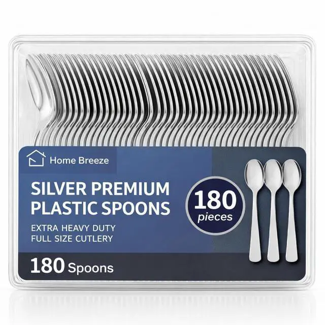 Main image of 180 Count Silver Plastic Spoons Heavy Duty, Disposable, BPA-Free, Solid and Durable Premium Plastic Silverware Disposable Spoons for Party Wedding Baby Shower