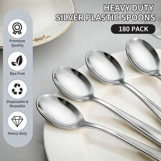 Alt view image 3 of 7 - 180 Count Silver Plastic Spoons Heavy Duty, Disposable, BPA-Free, Solid and Durable Premium Plastic Silverware Disposable Spoons for Party Wedding Baby Shower