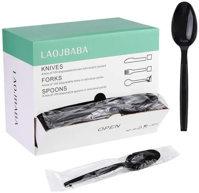 Main image of Plastic Spoons Disposable Individually Packaged Spoons Black 7-Inch Commercial Take Away,Super Hard Mass Heavy Individually Wrapped 100 PCS