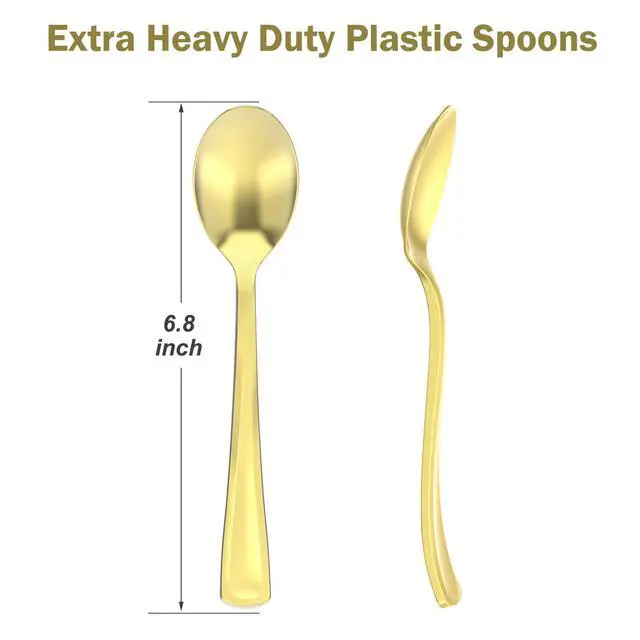 Alt view image 2 of 5 - 100 Count Heavy Duty Gold Plastic Spoons Disposable | BPA-Free, Heat Resistant, Solid and Durable Premium Plastic Disposable Spoons for Party Supply