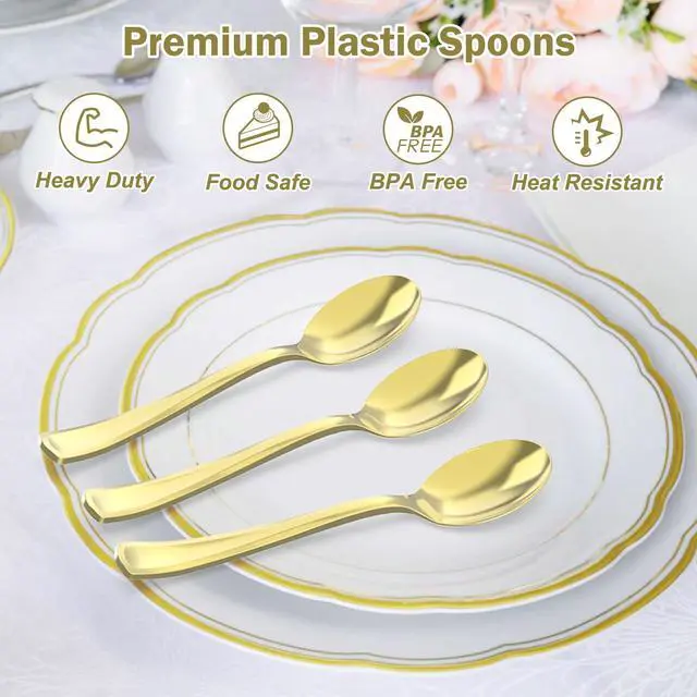 Alt view image 3 of 5 - 100 Count Heavy Duty Gold Plastic Spoons Disposable | BPA-Free, Heat Resistant, Solid and Durable Premium Plastic Disposable Spoons for Party Supply