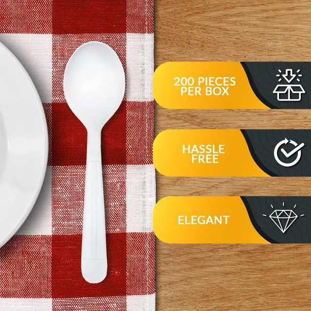 Alt view image 5 of 5 - Heavy Weight Disposable Plastic Soup Spoons,White,Deluxe Size,200-Pk