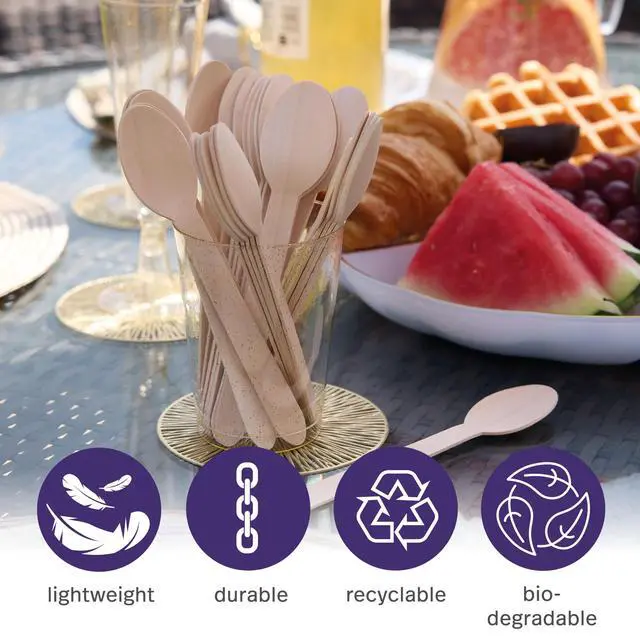 Alt view image 5 of 7 - Disposable Wooden Spoons for Eating 6.3" - 200 Pack Birch Wood Spoons Disposable Cutlery, Compostable Biodegradable Spoons for Parties