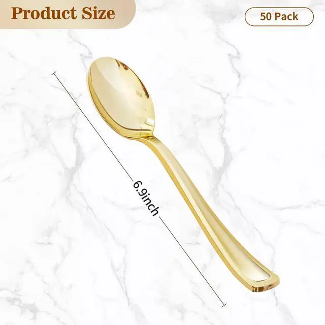 Alt view image 2 of 7 - 50 Pack 6.9 Inch Heavy Duty Gold Disposable Plastic Spoons | Heavyweight Plastic Silverware Serving Utensils, Perfect for Catering, Parties, Dinners, Weddings & Christmas