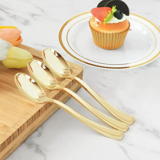 Alt view image 3 of 7 - 50 Pack 6.9 Inch Heavy Duty Gold Disposable Plastic Spoons | Heavyweight Plastic Silverware Serving Utensils, Perfect for Catering, Parties, Dinners, Weddings & Christmas