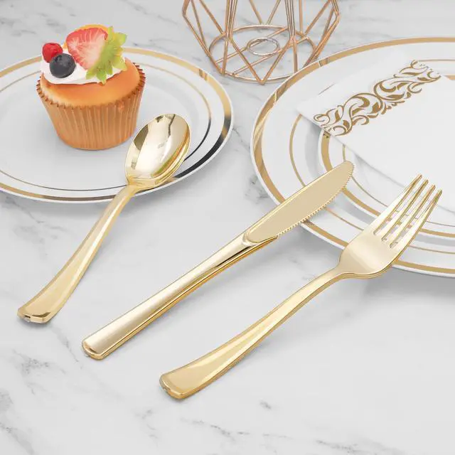 Alt view image 4 of 7 - 50 Pack 6.9 Inch Heavy Duty Gold Disposable Plastic Spoons | Heavyweight Plastic Silverware Serving Utensils, Perfect for Catering, Parties, Dinners, Weddings & Christmas