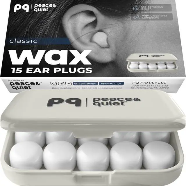 Main image of PQ Wax Ear Plugs for Sleeping, Swimming - 15 Soft Noise Cancelling Silicone Gel Wax Earplugs for Sleep and Swimmers, Ear Protection with Sound Blocking Level (15-Pillows)
