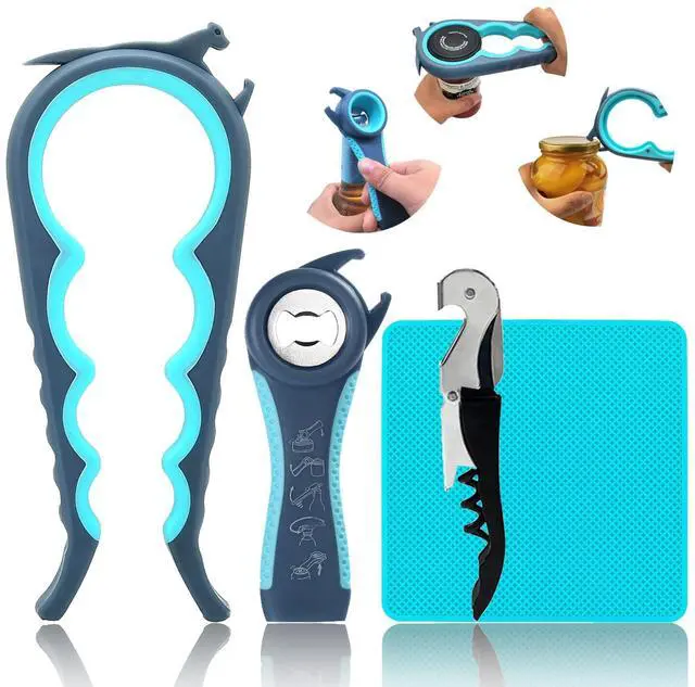 Main image of Jar Opener for Weak Hands, Seniors with Arthritis, 5 in 1 Bottle Opener | Multi-use Lid Opener Set with Non-slip Rubber Gripper Pad & Wine Opener, Great for Senior Parents, Grandparents or Loved Ones