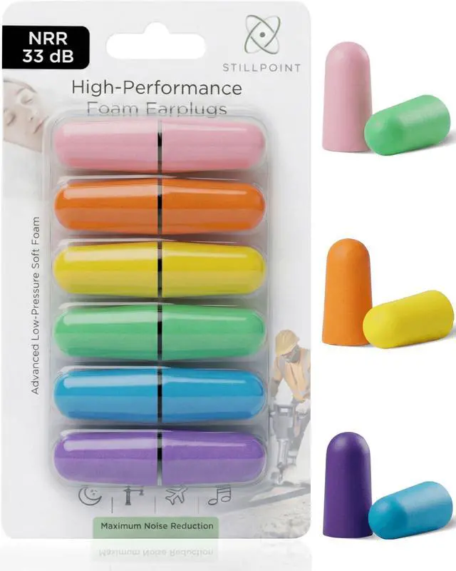 Alt view image 2 of 7 - Soft Foam Earplugs, 33 dB NRR, 6 Pair 12 Ear Plugs, Maximum Protection for Sleeping; Silence Snoring, Airplanes, Airports, Power Tools, Phone Conversations, Loud Work Environments (Neon)