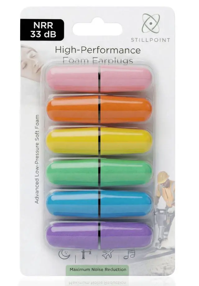 Alt view image 3 of 7 - Soft Foam Earplugs, 33 dB NRR, 6 Pair 12 Ear Plugs, Maximum Protection for Sleeping; Silence Snoring, Airplanes, Airports, Power Tools, Phone Conversations, Loud Work Environments (Neon)