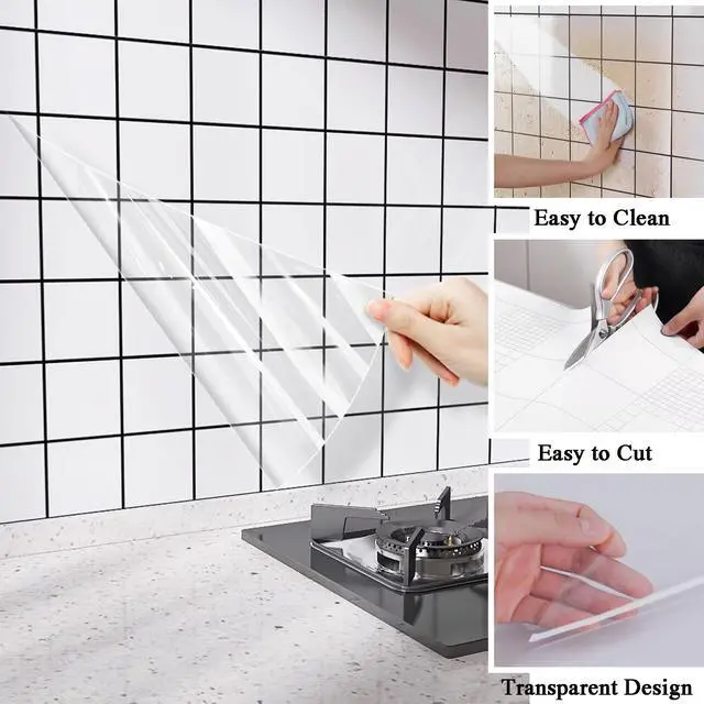 Alt view image 4 of 7 - Clear Contact Paper Peel and Stick, 3PCS 1M Contact Transparent Oil-Proof Wall Protector Sticker, Waterproof Clear Backsplash Protector for Kitchen, Wallpaper Countertop Covers Protection