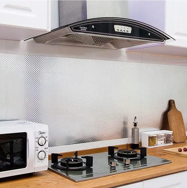 Alt view image 7 of 7 - Kitchen Backsplash Wallpaper Oil Proof Sticker Aluminum Foil Contact Paper | Silver Self-Adhesive Shelf Liner Cabinet Liner Waterproof and Heat Resistant Peel and Stick Wallpaper (15.7X197 Inches)