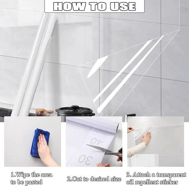 Alt view image 7 of 7 - Kitchen Oil Proof Clear Wall Protector Film, 15.7x118 Clear Contact Paper Peel and Stick, Self-Adhesive Transparent Backsplash Sticker Roll, Heat-Resistant Vinyl Film Wallpaper Protection for Cabinet