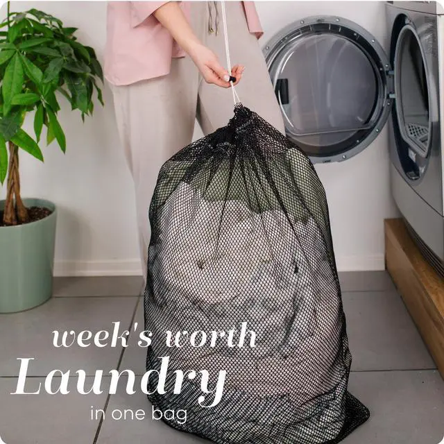 Alt view image 3 of 7 - Mesh XL Laundry Bag 24"x36", Heavy Duty Drawstring, Black | Machine Washable, Secure Drawstring, For Delicates, Travel & Storage - College Dorms, Laundromats, Apartments