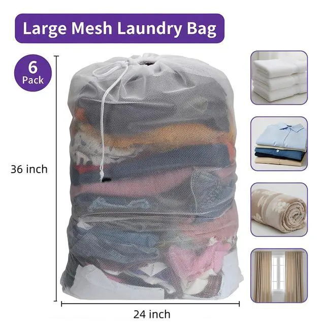 Alt view image 2 of 7 - 6 Pack Mesh Laundry Bag with Drawstring Closure, 24" x 36" Heavy Duty Extra Large Laundry Bags for Travel, Storage, College, Dorm and Apartment Dwellers, Machine Washable