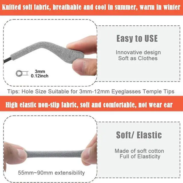 Alt view image 3 of 6 - Soft Knitting Cotton Fabric Glasses Ear Cushion, Upgrade Anti-Slip Elastic Comfort Eyeglass Ear Cushions Grips, Eyeglasses Temple Tips Sleeve Retainer for Glasses Sunglasses Eyewear Accessories
