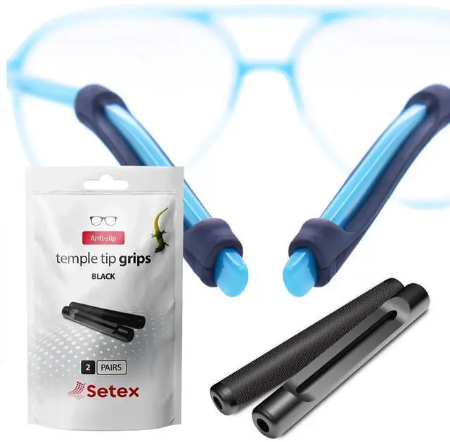 Main image of Gecko Grip Anti Slip Temple Tips Grips for Glasses, 2 Pair, Black | Innovative Microstructured Fibers Tips, 49mm Length & 7mm Width Arm Sleeves, Eyeglass Cushions for Behind Ears, Made in USA