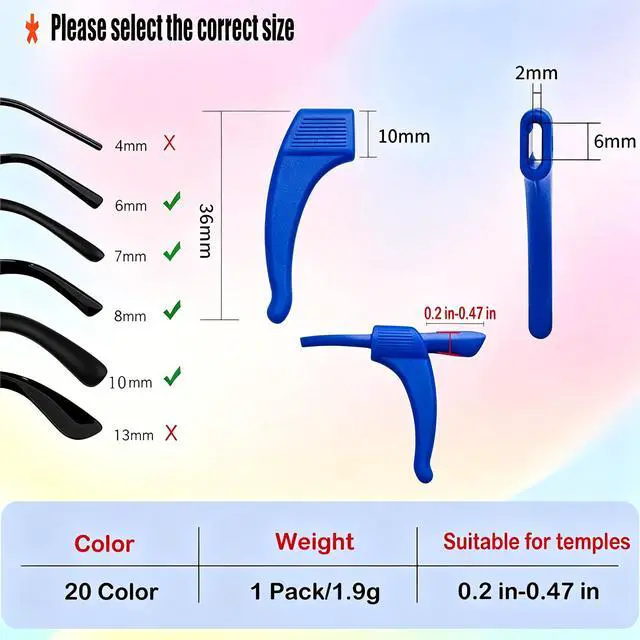 Alt view image 2 of 7 - Glasses Ear Grips, 20 Colors Eyeglass Anti-Slip, Comfortable Silicone Elastic Eyeglasses Temple Tips Sleeve Retainer, Prevent Eyewear Sunglasses Spectacles Glasses Slipping (Mix, M)