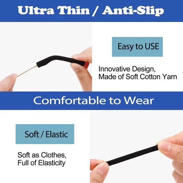 Alt view image 3 of 7 - Upgrade Soft Knitting Cotton Fabric Glasses Ear Cushion, Anti-Slip Elastic Comfort Eyeglasses Temple Tips Sleeve Retainer, Eyeglass Ear Cushions Grips for Glasses Sunglasses Eyewear(2pairs Black)