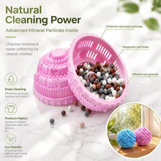 Alt view image 4 of 7 - Laundry Balls Set, Eco-Friendly Super Washing Machine Laundry Ball, All Natural Washer Ball Laundry Detergent Alternative, Household Can Be Reused 2000 Washings(2pcs Balls, Pink,Blue)