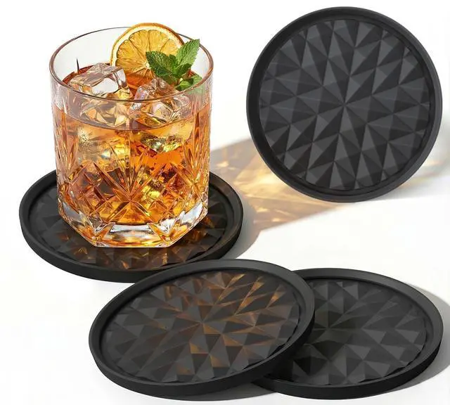 Main image of Silicone Drink Coasters Set of 4, Coaster for Desk | Prevents Condensation&Spills, Non-Slip, Reusable&Easy Clean, Diamond Pattern, Stylish Office&Home Decor, Gift idea, Black