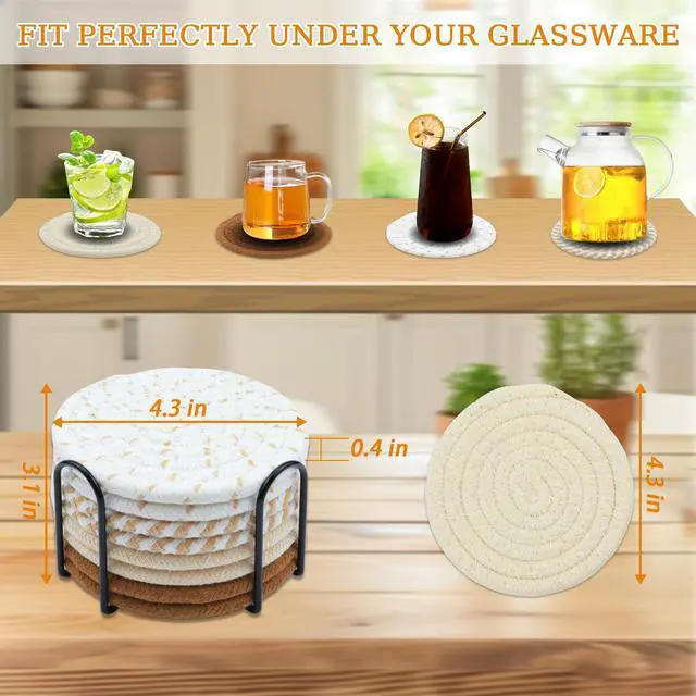 Alt view image 3 of 7 - 8 Pcs Drink Coasters, Minimalist Cotton Woven Coaster Set, 4 Colors Absorbent Coaster Protection Protection for Various Cups, Ideal for Coffee Tables and Home Decor Tabletop, 4.3 Inches