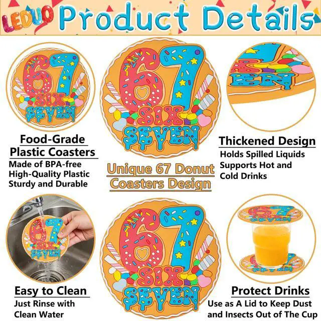 Alt view image 4 of 7 - Viral 67 Meme Gen Drink Coasters | Funny Hand Sign Six Seven Internet Meme Coffee Coaster for Bars, Easter Party Decorations, Valentines Birthday Gag Gifts Home Decor Tabletop Protection,2PCS