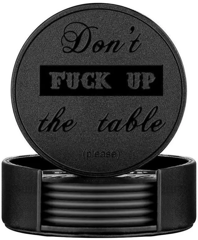 Main image of Funny Coasters, 6 Pcs Leather Coasters with Holder, Perfect Housewarming Hostess Gifts, Protect Furniture from Water Marks Scratch and Damage(6Pcs, Black)