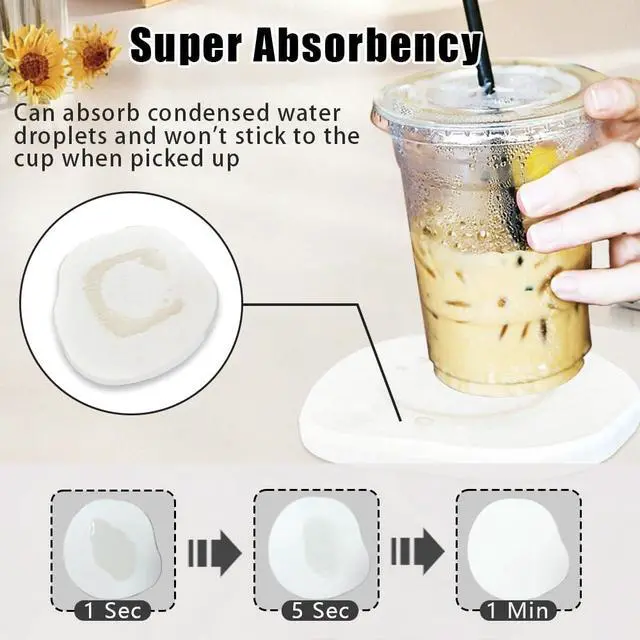 Alt view image 4 of 7 - Diatomaceous Earth Coaster Set of 4, Unique Absorbent Stone Coaster, Irregular Shape Round Coasters, Modern Diatomaceous Earth Design Instant Dry Stone for Drinks, Table Desk at Work(White)