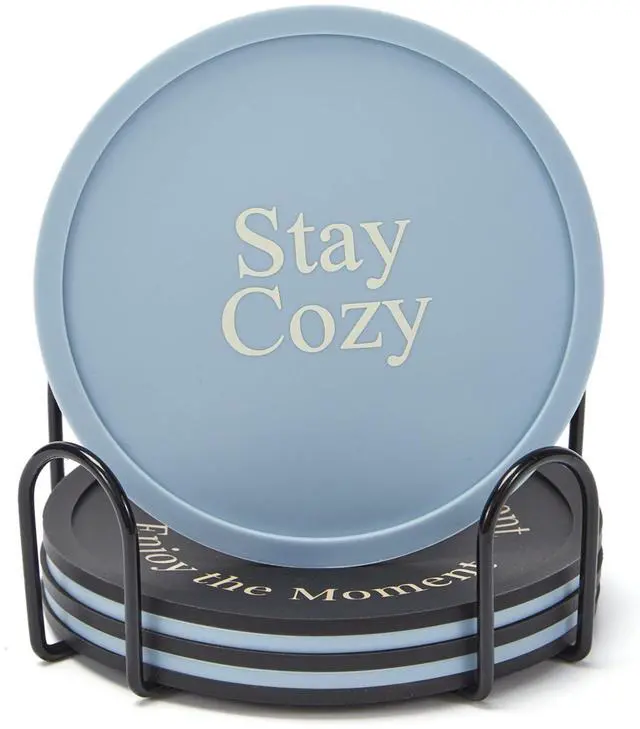 Main image of Silicone Coasters Set of 6, Premium Drink Coaster with Holder, Non-Slip, Non-Stick, Dishwasher Safe, Perfect for Hot and Cold Drinks, Protect Your Desks and Tables(3 Morandi Blue + 3 Black)