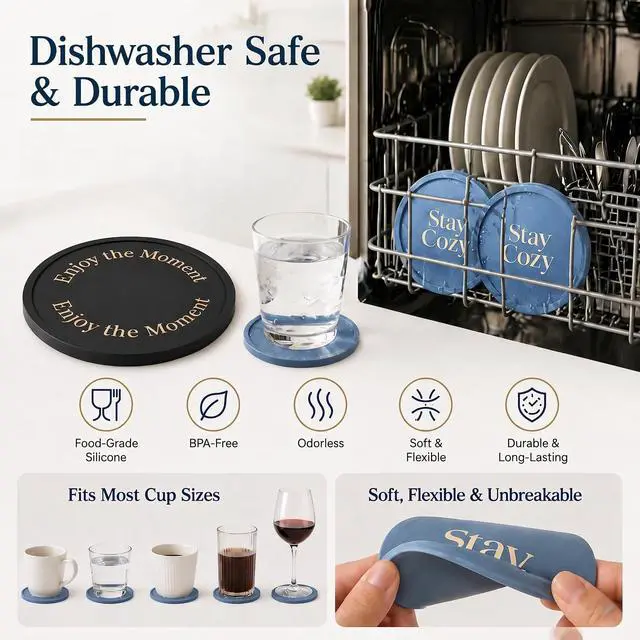Alt view image 3 of 7 - Silicone Coasters Set of 6, Premium Drink Coaster with Holder, Non-Slip, Non-Stick, Dishwasher Safe, Perfect for Hot and Cold Drinks, Protect Your Desks and Tables(3 Morandi Blue + 3 Black)