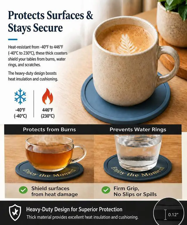 Alt view image 4 of 7 - Silicone Coasters Set of 6, Premium Drink Coaster with Holder, Non-Slip, Non-Stick, Dishwasher Safe, Perfect for Hot and Cold Drinks, Protect Your Desks and Tables(3 Morandi Blue + 3 Black)
