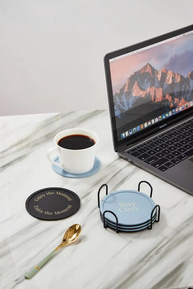 Alt view image 7 of 7 - Silicone Coasters Set of 6, Premium Drink Coaster with Holder, Non-Slip, Non-Stick, Dishwasher Safe, Perfect for Hot and Cold Drinks, Protect Your Desks and Tables(3 Morandi Blue + 3 Black)
