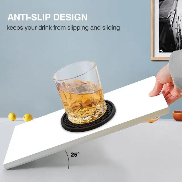 Alt view image 4 of 6 - 3 Pack Silicone Coasters for Drinks, Thickened Black Coaster with Deep Tray Grooved Design Cup Mat, Washable Heat Resistant Durable Non-Slip Coasters for Coffee Table Wooden Desk Kitchen Bar