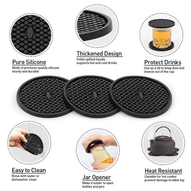 Alt view image 5 of 6 - 3 Pack Silicone Coasters for Drinks, Thickened Black Coaster with Deep Tray Grooved Design Cup Mat, Washable Heat Resistant Durable Non-Slip Coasters for Coffee Table Wooden Desk Kitchen Bar