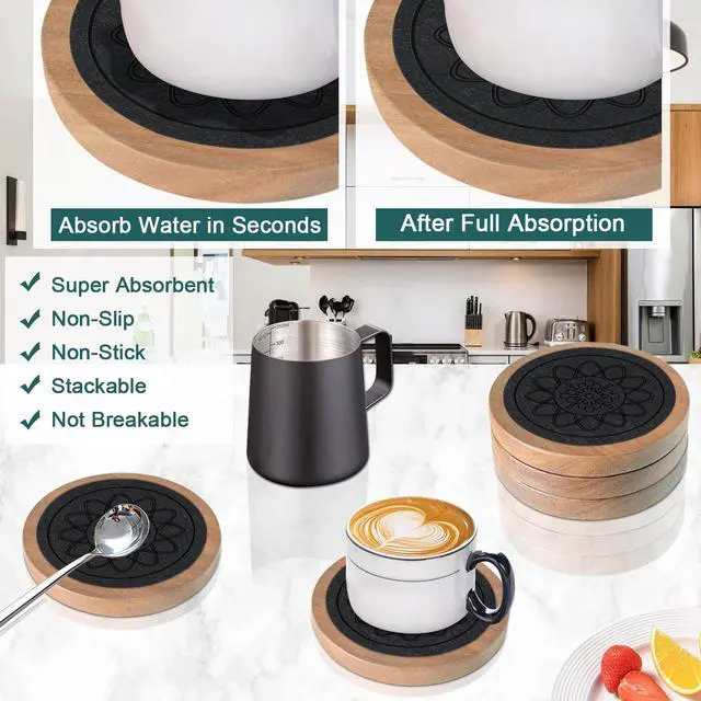 Alt view image 2 of 6 - Wood Coasters for Drinks, Absorbent Coaster Sets of 5, Drinks Coasters for Coffee Tabletop Protection, Non-Slip, Non-Stick, Suitable for Kinds of Cups Wooden Table Drink, 4.3 Inches Black