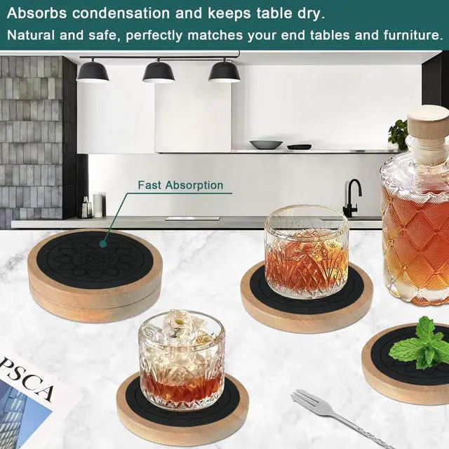 Alt view image 4 of 6 - Wood Coasters for Drinks, Absorbent Coaster Sets of 5, Drinks Coasters for Coffee Tabletop Protection, Non-Slip, Non-Stick, Suitable for Kinds of Cups Wooden Table Drink, 4.3 Inches Black