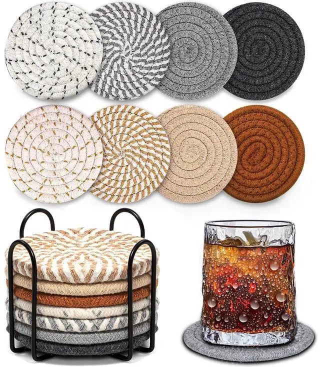 Main image of Woven Coasters Set of 8, Absorbent Drink Coasters with Holder, Boho Cotton Coffee Cup Coaster for Table, Desk, Coffee Bar, Housewarming Gift (8 Colors,4.17 Inch)