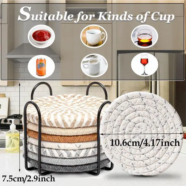 Alt view image 2 of 7 - Woven Coasters Set of 8, Absorbent Drink Coasters with Holder, Boho Cotton Coffee Cup Coaster for Table, Desk, Coffee Bar, Housewarming Gift (8 Colors,4.17 Inch)